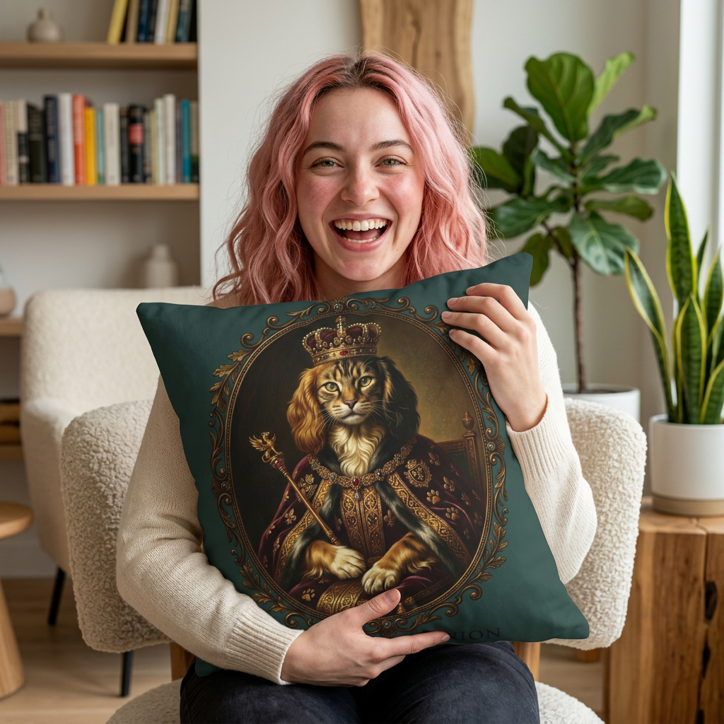 Regal Cat King Pillowcase — Royal Portrait Decorative Throw Pillow Cover