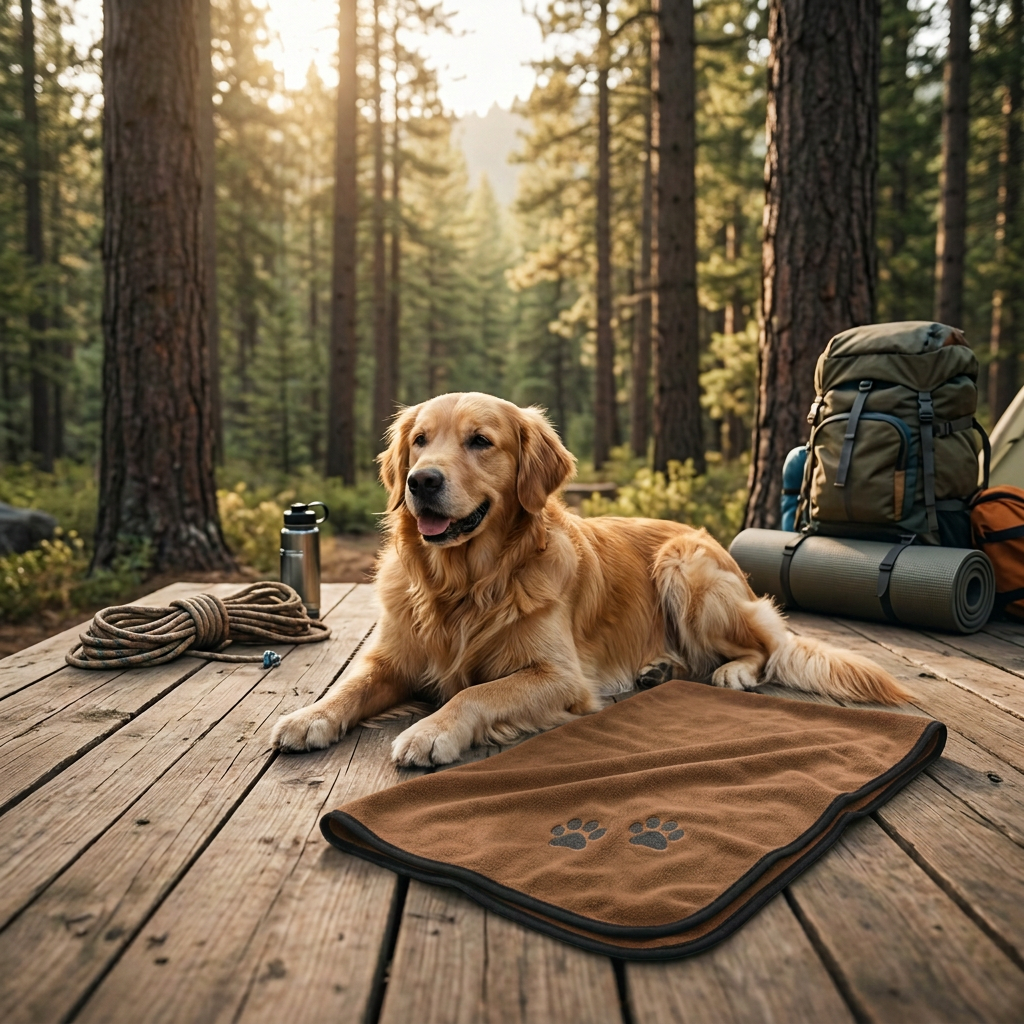 Pawsm TrailDry Pet Towel in Earthy Brown on campsite deck with adventure dog